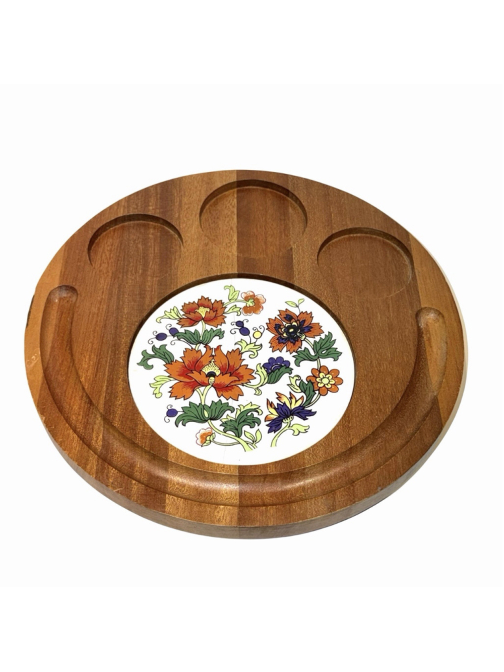 MCM Floral Ceramic Charcuterie Trivet Tile Wood Frame Hot Plate Boho Cottage Vtg
